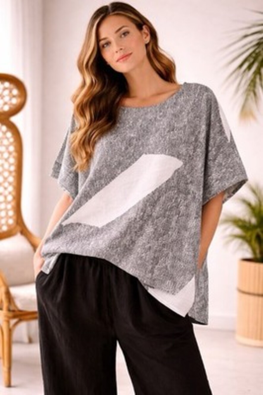 Moyuru Oversized Top Gray White Abstract Print Avant Garde Loose Fit Top Size M